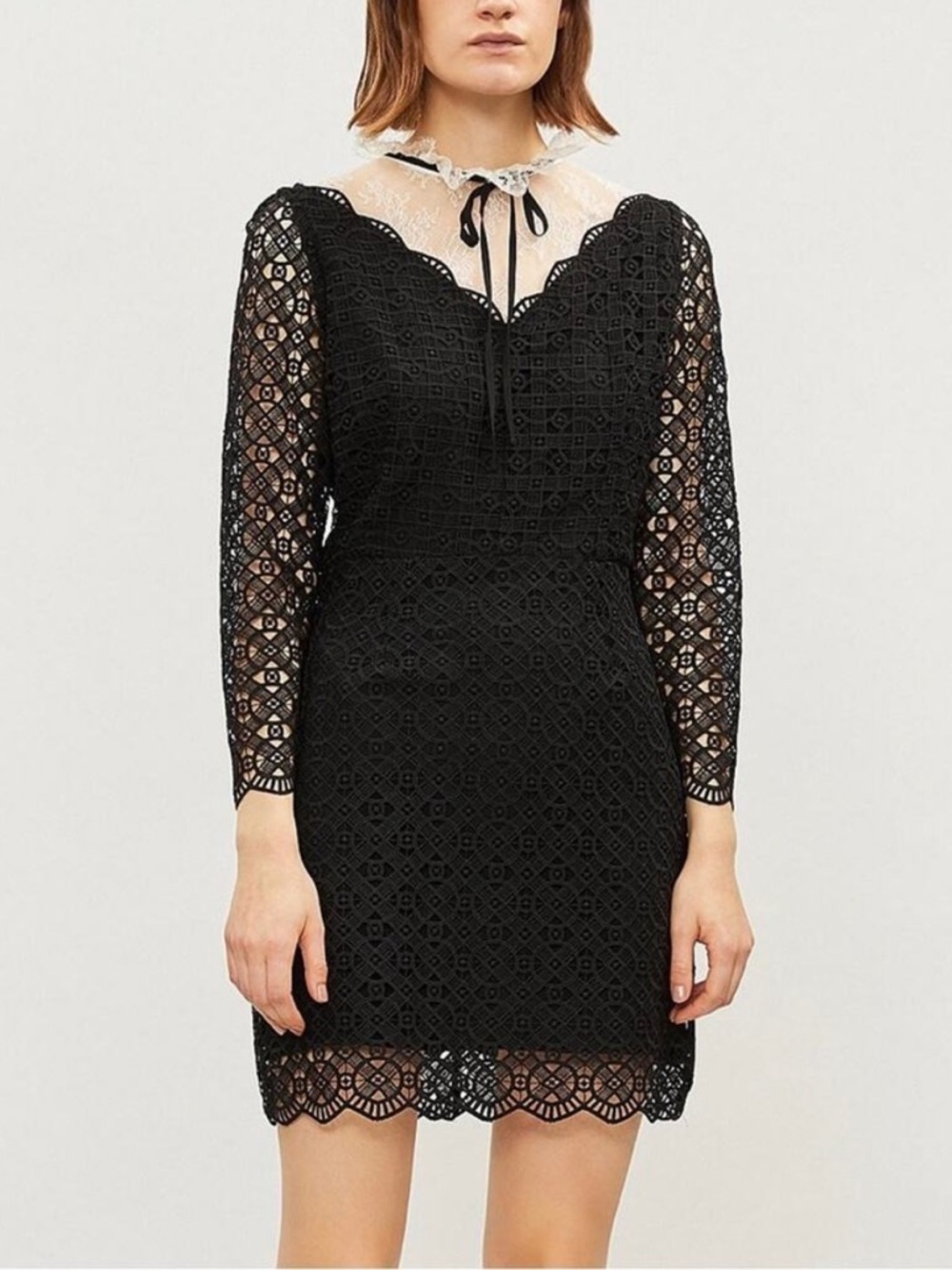 Sandro Cristina Dress Long Sleeve Lace Collared Tie Front Crochet Gothic Zip